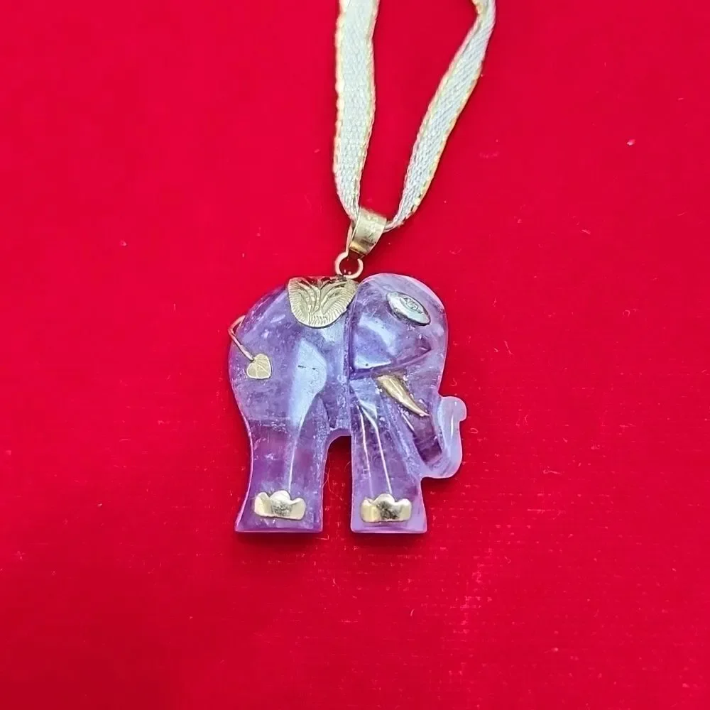 14K 585 Yellow Gold Amethyst Elephant Pendant Charm